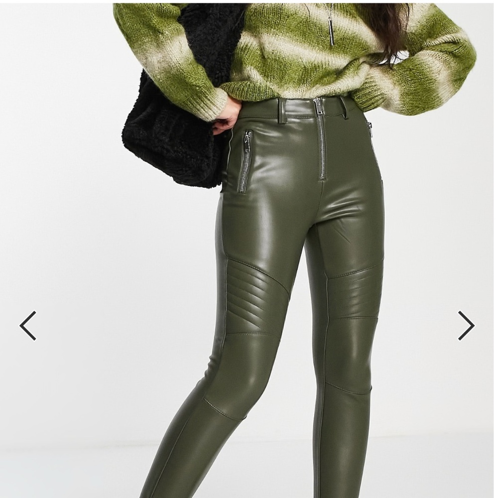 Topshop Petite faux leather Moto biker pants in khaki